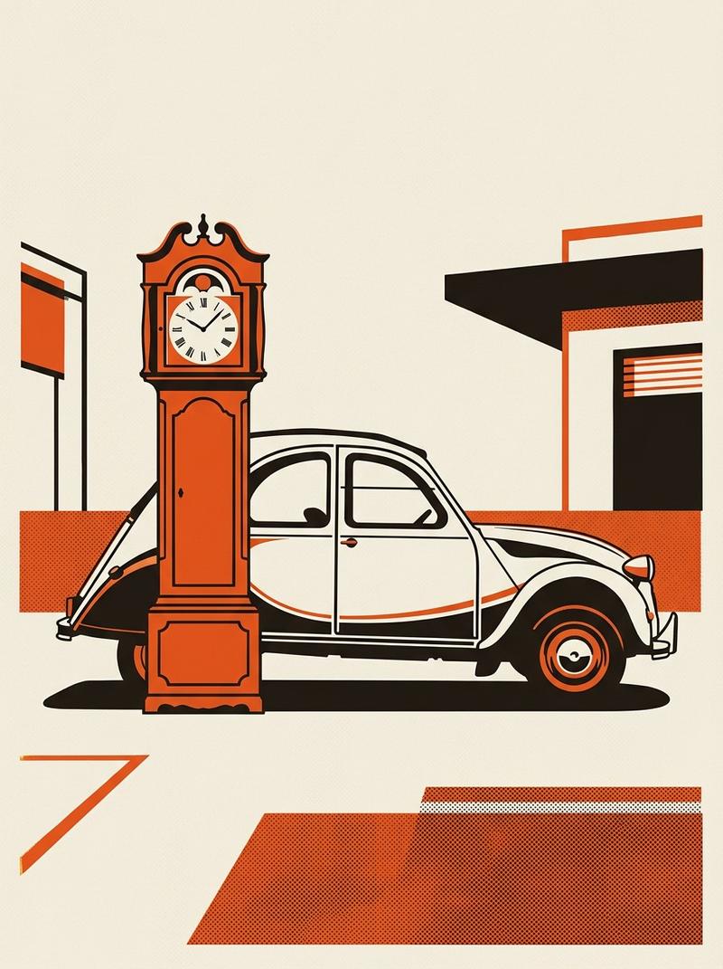 A full-size grandfather clock standing beside a 1983 Citroën 2CV in a track paddock.