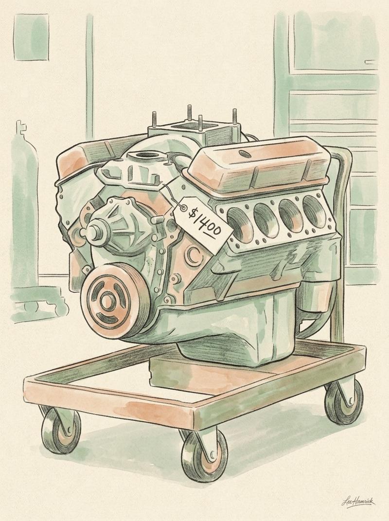Junkyard small-block V8 on a parts cart.