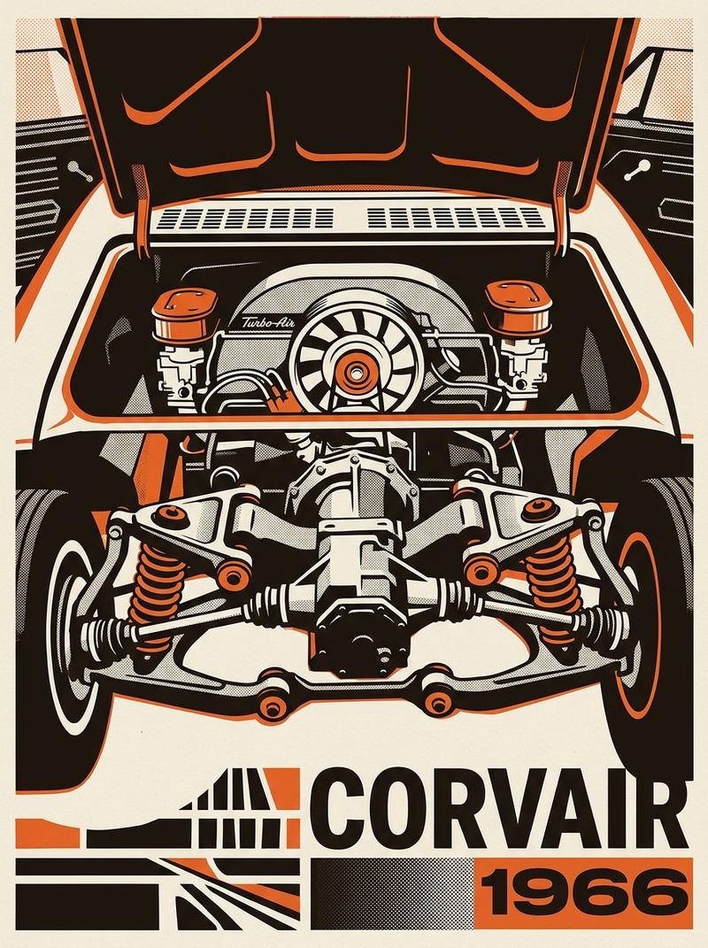 1966 Chevy Corvair second-generation rear suspension and engine bay.