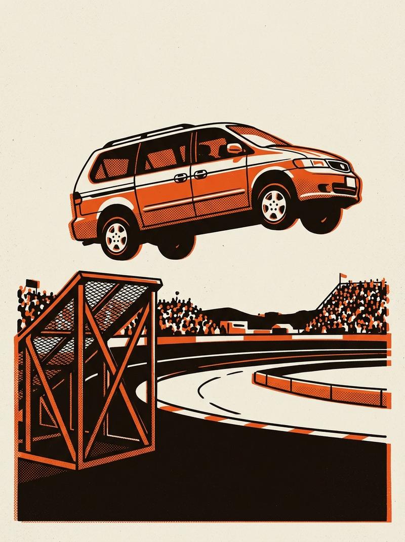 An uncaged road-legal minivan mid-air above a portable jump ramp at Stafford Motor Speedway during the Van Prix undercard race.