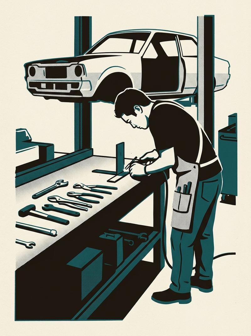 Nozomu Sakai working at a fabrication bench inside the MotorFix workshop.
