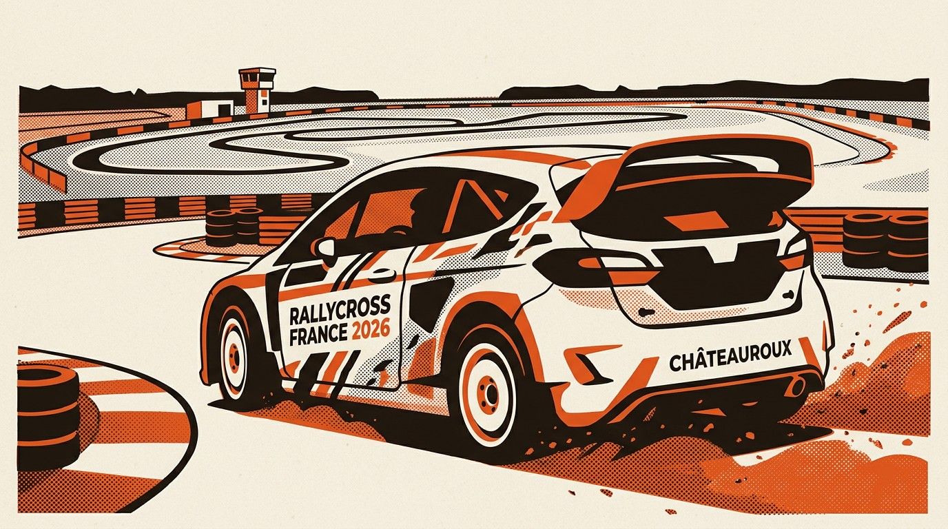 A rallycross car mid-launch off the start line at Circuit de Châteauroux, Rallycross France 2026.