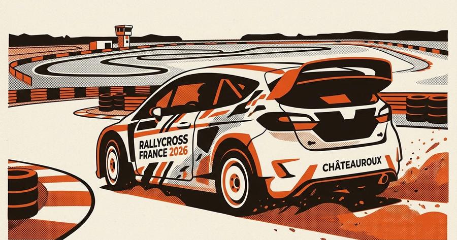 A rallycross car mid-launch off the start line at Circuit de Châteauroux, Rallycross France 2026.