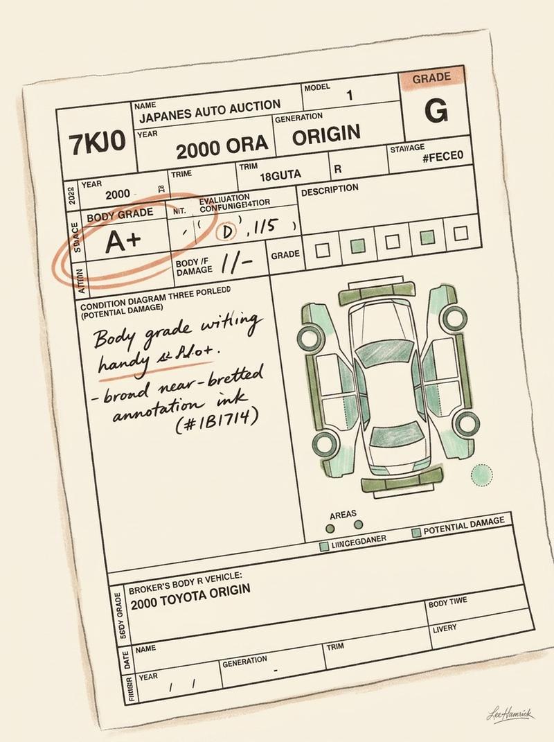 Japanese auto auction bid sheet for a 2000 Toyota Origin.