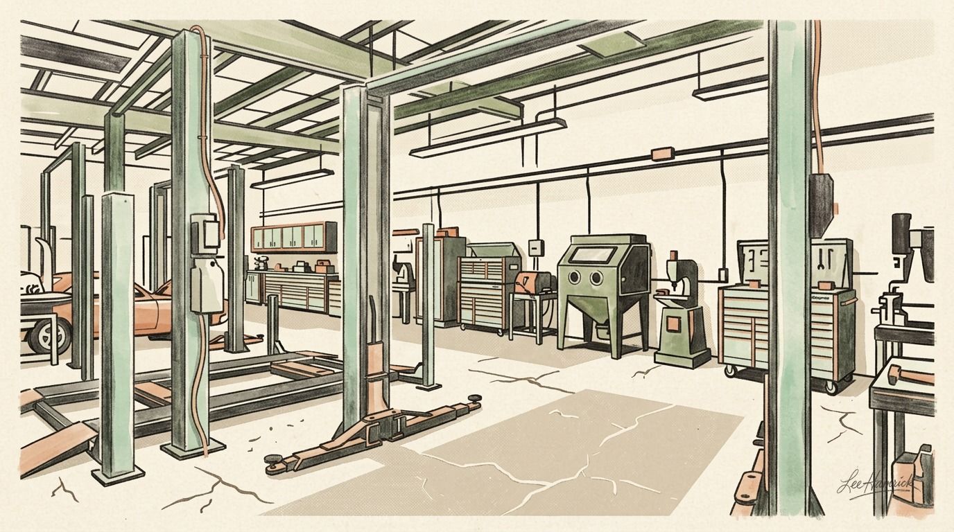 The John Harrah estate auction shop floor, featuring two-post and four-post lifts, Snap-On tool cabinets, and fabrication equipment arranged in a priv
