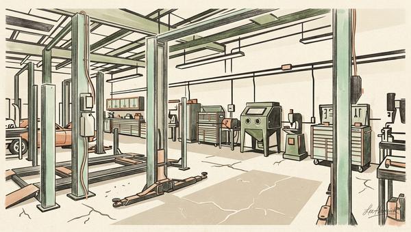The John Harrah estate auction shop floor, featuring two-post and four-post lifts, Snap-On tool cabinets, and fabrication equipment arranged in a priv