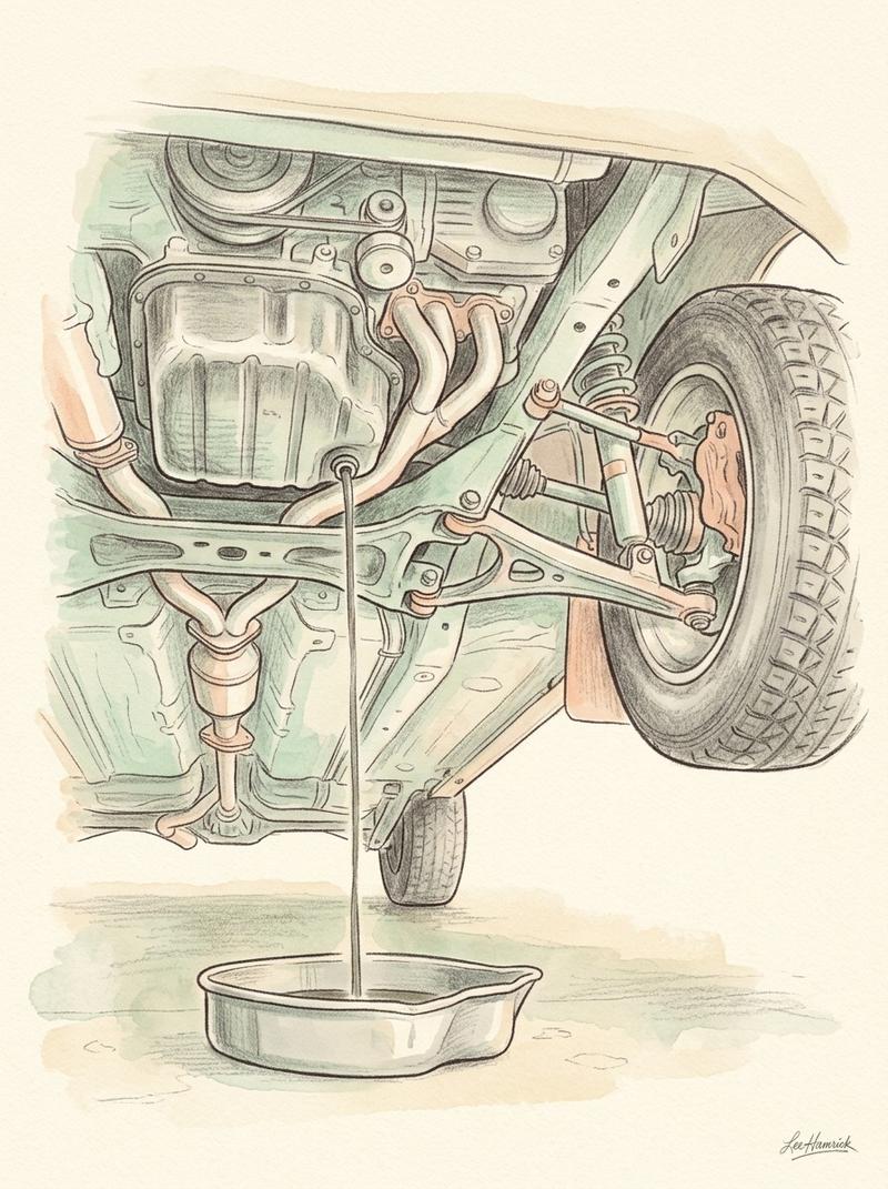 A turbocharged engine block sitting on a workbench with a drain plug and collection pan in the foreground, late afternoon workshop light, capturing th