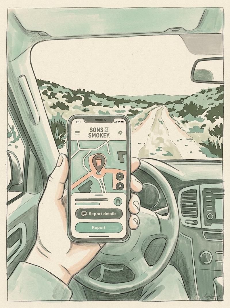 Sons of Smokey app trash-tagging interface displayed on a phone screen, with Oregon high-desert two-track terrain visible through a truck windshield i