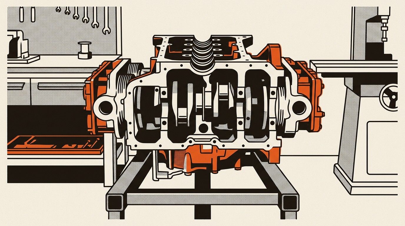 A disassembled Porsche M96 flat-six engine core on a shop stand at LN Engineering.