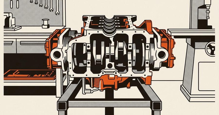 A disassembled Porsche M96 flat-six engine core on a shop stand at LN Engineering.