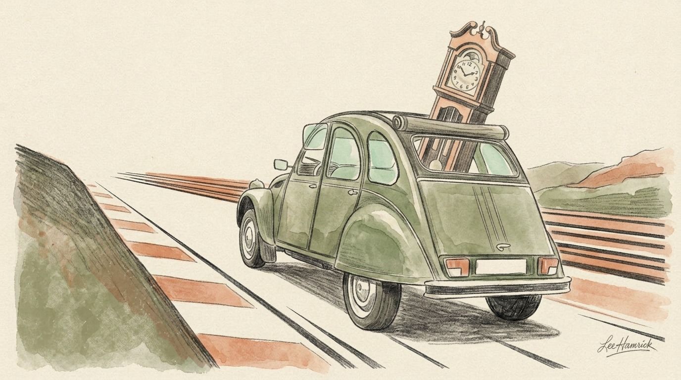 1983 Citroën 2CV with a grandfather clock loaded inside, at Lime Rock Park.