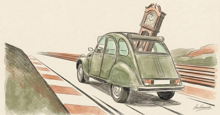 1983 Citroën 2CV with a grandfather clock loaded inside, at Lime Rock Park.