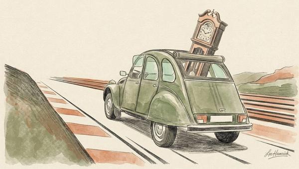 1983 Citroën 2CV with a grandfather clock loaded inside, at Lime Rock Park.