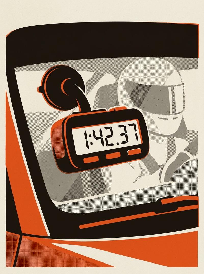 A digital lap timer mounted to a track car's windshield showing a split-second time, representing the moment of truth after a timed session.