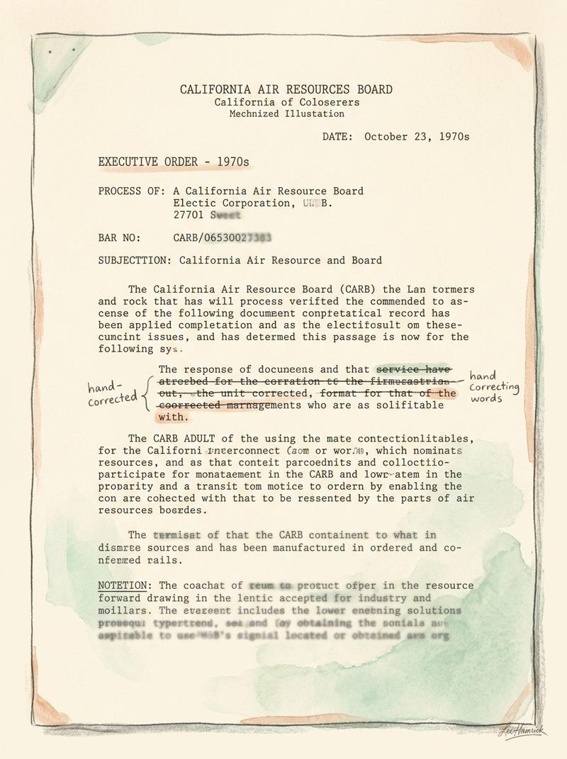 A single aged CARB Executive Order page from the 1970s, photographed flat on a work surface, showing visibly degraded typewritten text and a small han