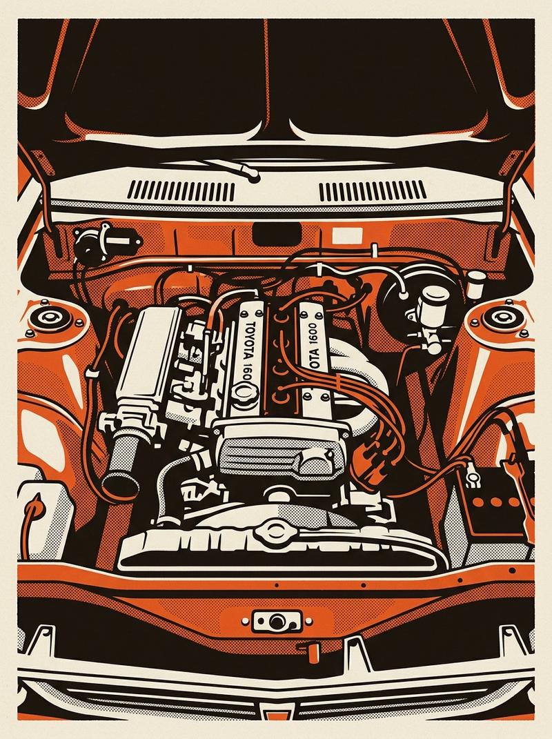 1972 Toyota Corolla restomod build, engine bay detail.