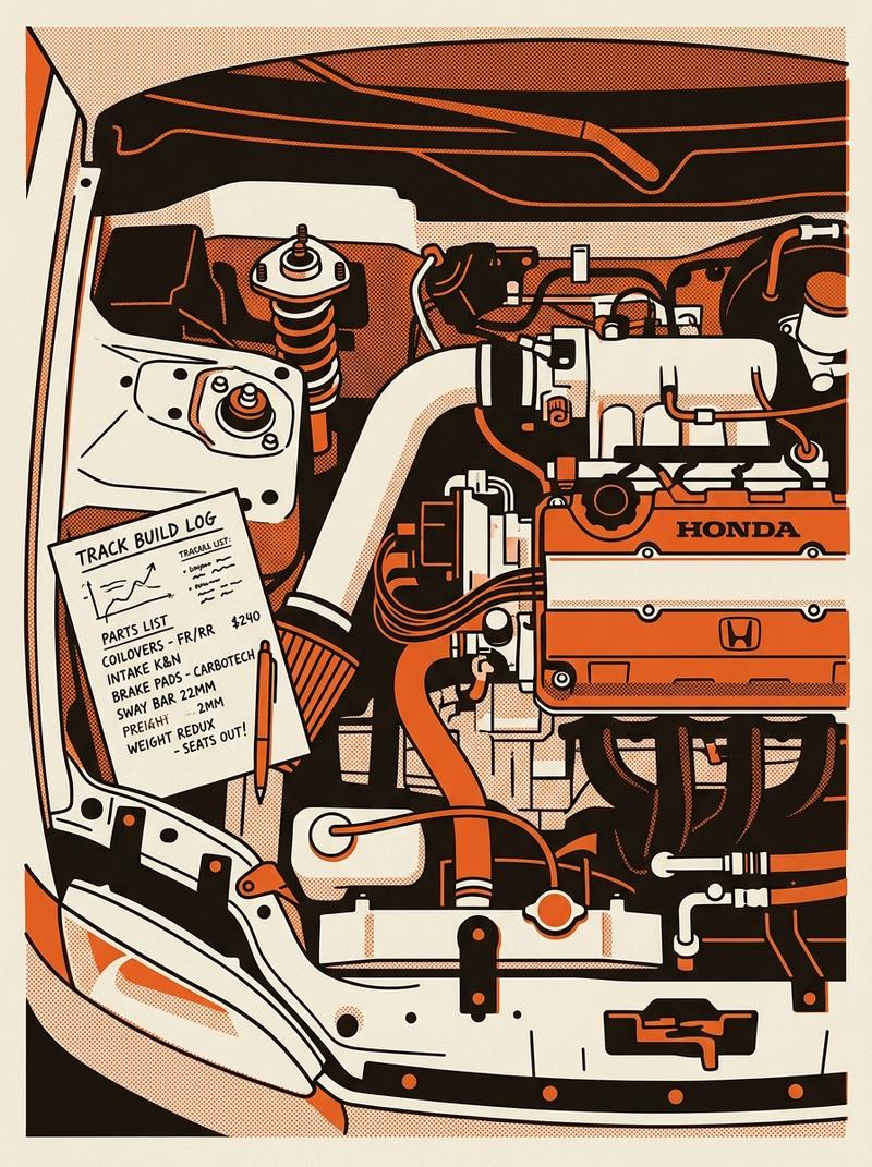 A modified performance car's engine bay and suspension components, representing a budget track build.