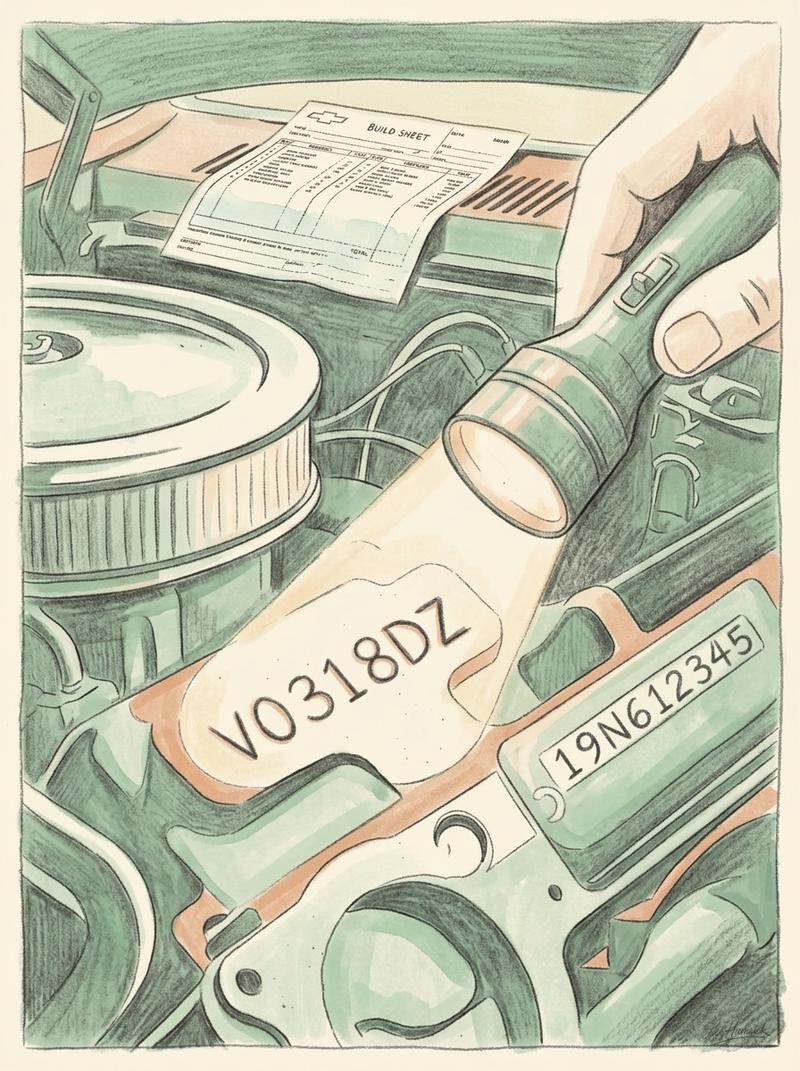 A partial VIN plate and engine-block stamp from a 1969 Chevrolet Camaro Z/28, shown in close detail as documentation evidence during a barn find inspe