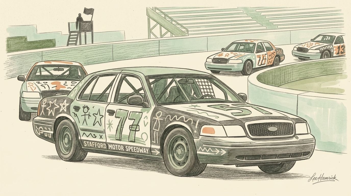 A post-2003 Ford Crown Victoria spec race car with roll cage, steel wheels, and spray-painted kindergarten-style decoration in yellow, on track at Sta