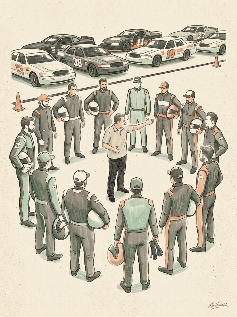 The Cleetus McFarland Freedom race driver's meeting at Stafford Motor Speedway, showing a crowd of drivers gathered around a promoter gesturing toward