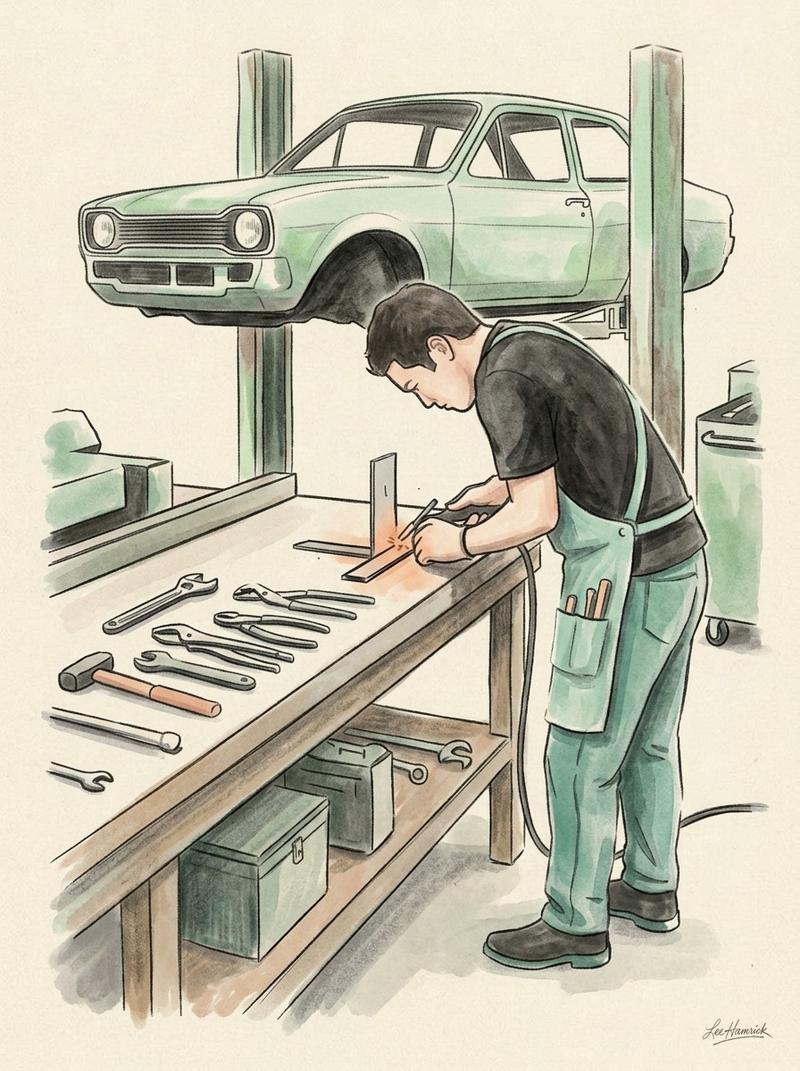 Nozomu Sakai working at a fabrication bench inside the MotorFix workshop.