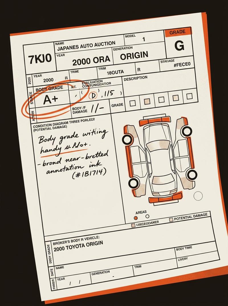 Japanese auto auction bid sheet for a 2000 Toyota Origin.