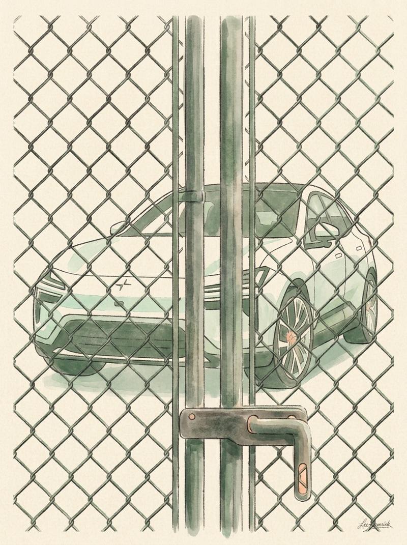 A conceptual image of a Polestar 4 behind a symbolic barrier, representing the regulatory ban, using a chain-link gate as the visual anchor based on t