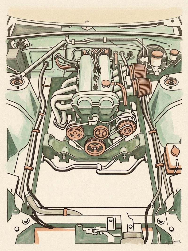 A budget racecar engine and transmission assembly mid-installation in a bare fabricated engine bay.