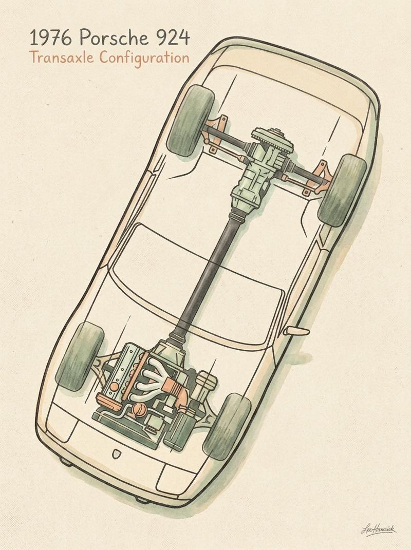 Porsche 924 transaxle drivetrain layout diagram.
