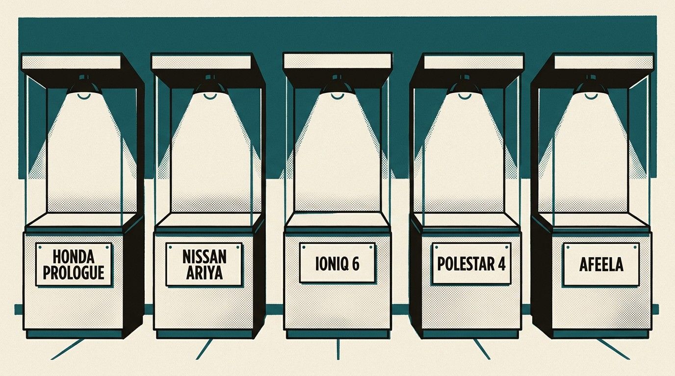 A row of empty dealership display pedestals, each bearing a nameplate for a discontinued 2026 U.S.-market EV (Honda Prologue, Nissan Ariya, Ioniq 6, P
