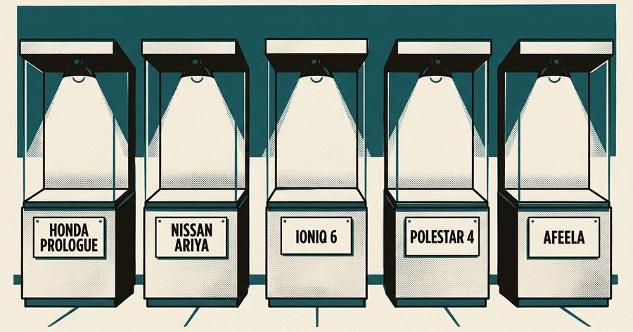 A row of empty dealership display pedestals, each bearing a nameplate for a discontinued 2026 U.S.-market EV (Honda Prologue, Nissan Ariya, Ioniq 6, P