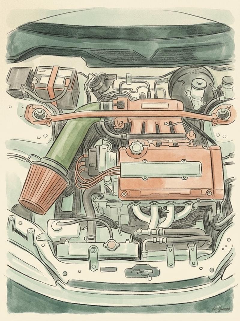 A modified performance car's engine bay and suspension components, representing a budget track build.