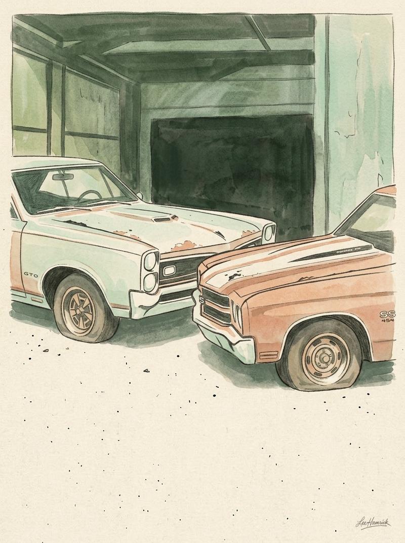 A Pontiac GTO and a Chevrolet Chevelle SS parked side by side inside a dim warehouse, both in unrestored barn find condition with flat tires and surfa
