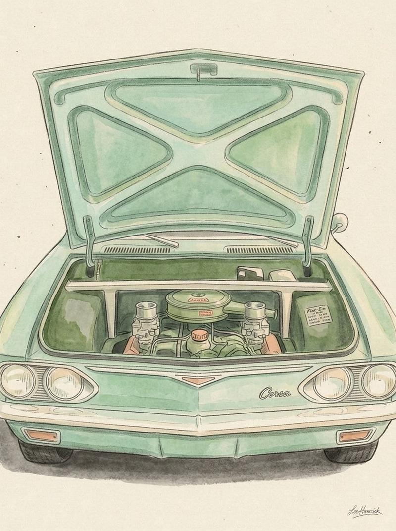 'Just For Kicks' 1966 Chevy Corvair restomod front trunk open.