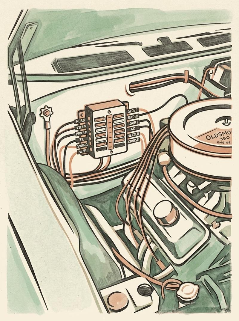 Close-up three-quarter view of a modern blade-style fuse block mounted inside the engine bay of the 1969 Oldsmobile Cutlass, with individual labeled c