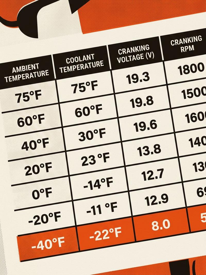Banks Power cold-chamber temperature and cranking RPM data chart from the 2024 Ram 2500 HD test.