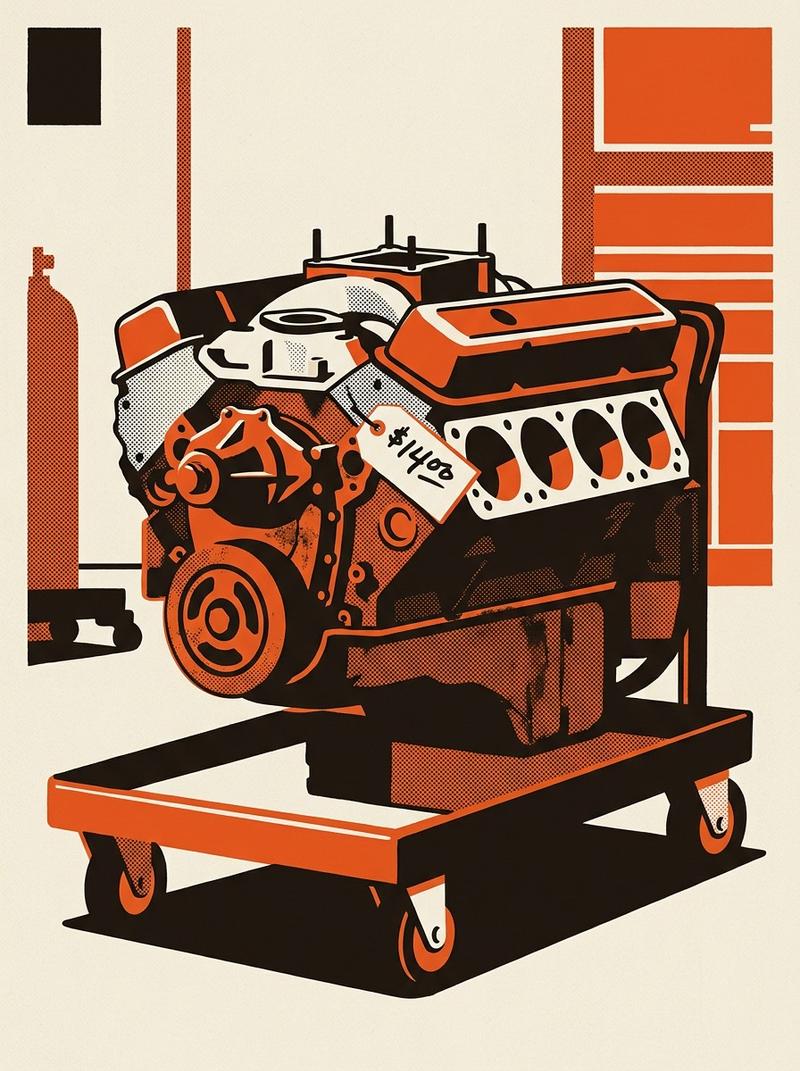 Junkyard small-block V8 on a parts cart.