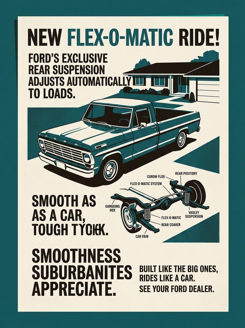 A period Ford truck advertisement emphasizing Flex-O-Matic suspension, representing Ford's marketing pitch to suburban buyers.