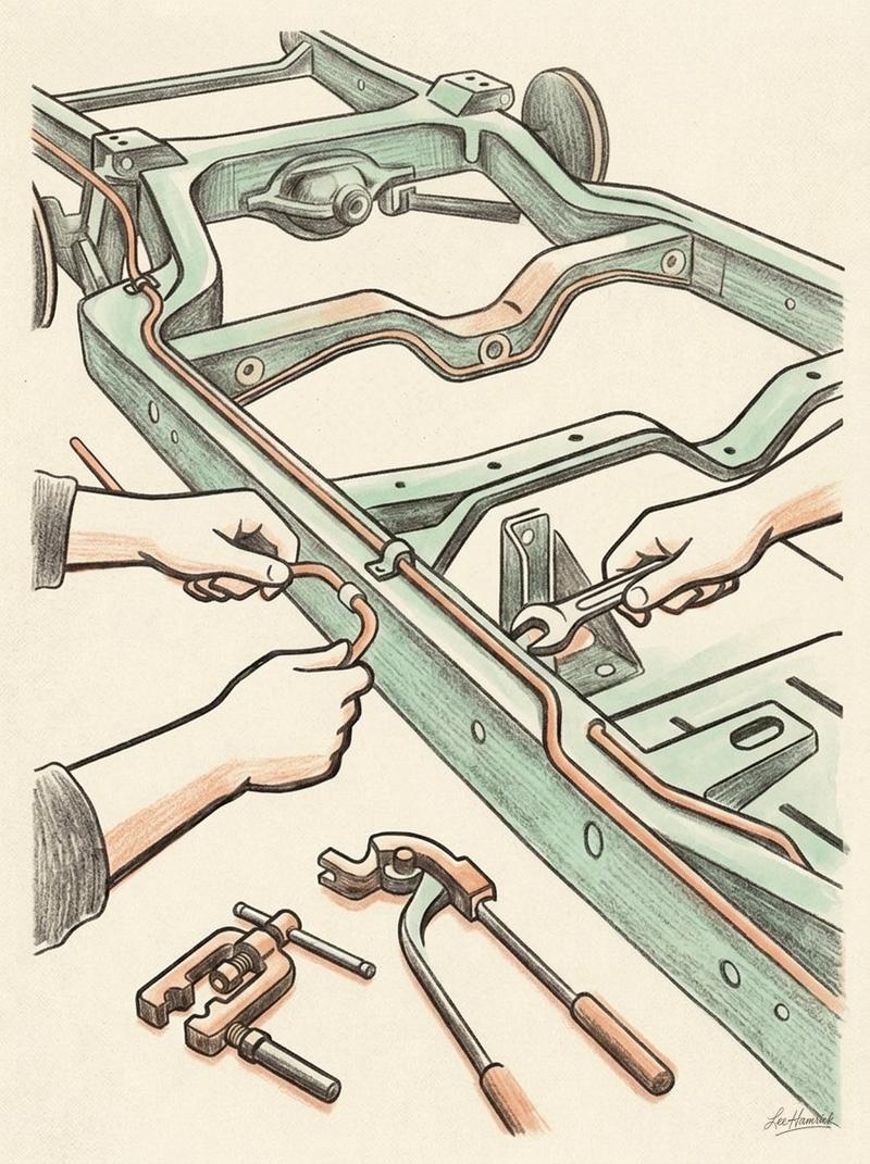 Custom brake line fabrication on an Oldsmobile F-85 chassis.