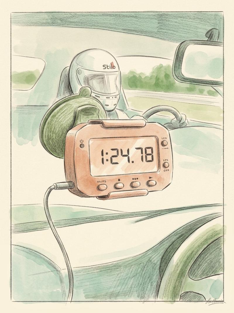 A digital lap timer mounted to a track car's windshield showing a split-second time, representing the moment of truth after a timed session.