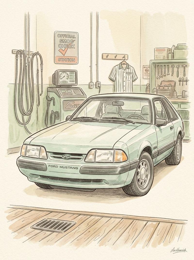 A 1990 Ford Mustang 5.0 LX hatchback parked straight-on in a California smog inspection bay, viewed from the front at a low angle, the referee station