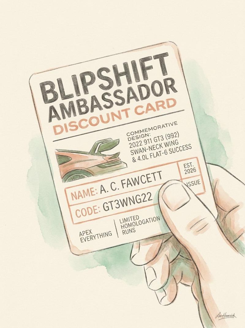 A close-up crop of an actual Blipshift ambassador discount card held in hand, showing the name and code detail, anchoring the practical outcome of a s