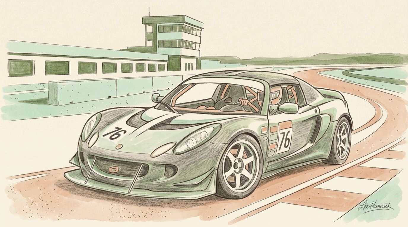 A budget supercar track build, low-slung modified sports car on a road course circuit.