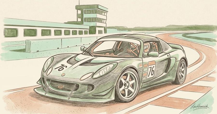 A budget supercar track build, low-slung modified sports car on a road course circuit.