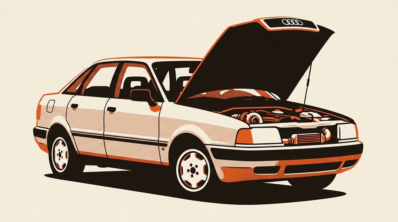 The junk Audi sleeper build, a worn four-door Audi sedan with stock exterior panels showing age, hiding a turbocharged engine under the hood.