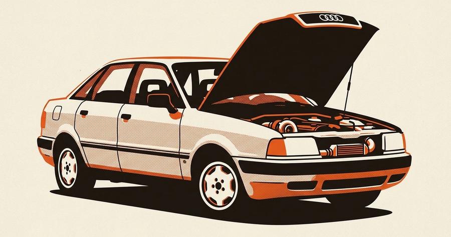 The junk Audi sleeper build, a worn four-door Audi sedan with stock exterior panels showing age, hiding a turbocharged engine under the hood.