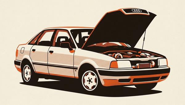 The junk Audi sleeper build, a worn four-door Audi sedan with stock exterior panels showing age, hiding a turbocharged engine under the hood.