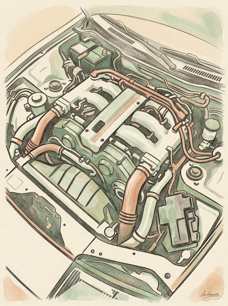 Tight overhead crop of the VG30DETT twin-turbocharged V-6 engine bay of the 1990 Nissan 300ZX Twin-Turbo, framing the turbocharger plumbing and intake