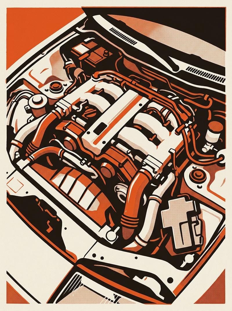 Tight overhead crop of the VG30DETT twin-turbocharged V-6 engine bay of the 1990 Nissan 300ZX Twin-Turbo, framing the turbocharger plumbing and intake