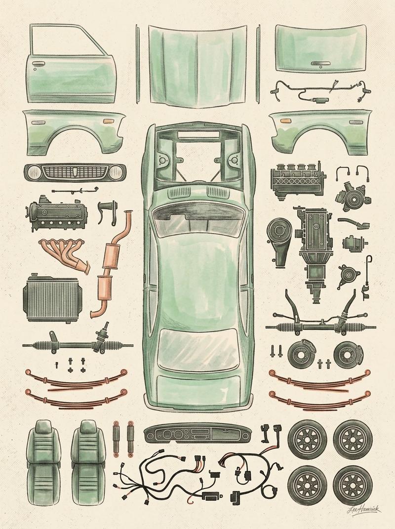 1972 Toyota Corolla restomod build, disassembled state.
